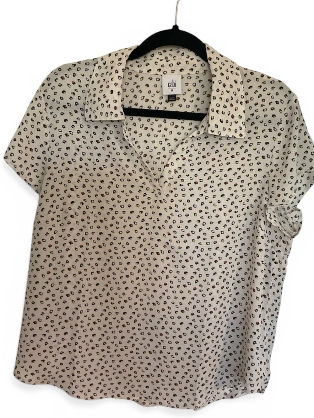 Cabi Cream Collared Short Sleeve Leopard Print and Dotted Pattern